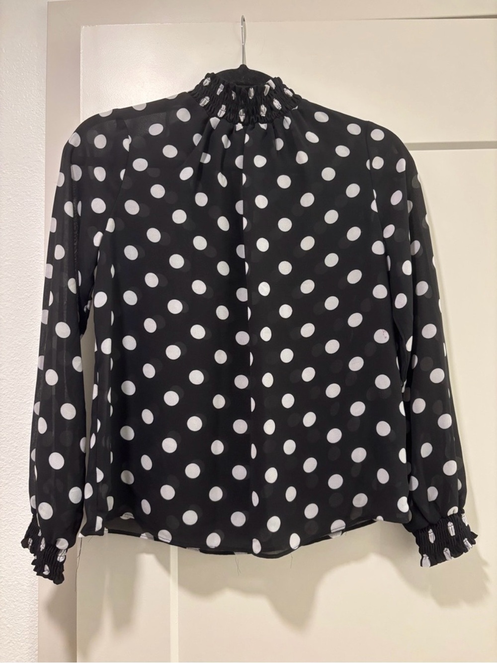 B&W Polka Dot Smocked Neck Blouse - Picture 2 of 3